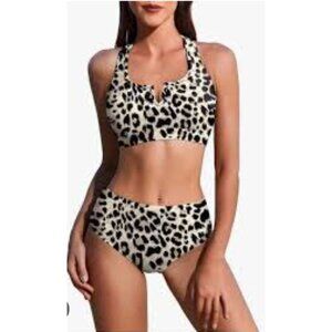 Aimage Womens Med High-Waisted Racerback Leopard Print Bikini Set Sexy Beach